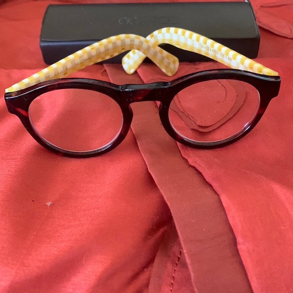 Oliver Peoples Round Glasses Black Front with Yellow Checkered Temples